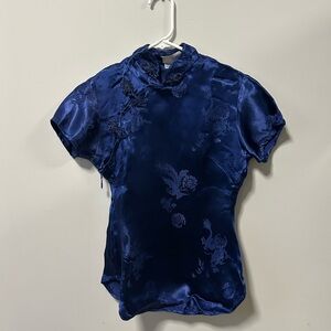 Elegant Blue Satin Mandarin Collar Women's Top
